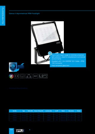 54
Cat No. Type Watts (W) Colour Temp. (K) Lumens (lm) Lm/W Beam Size (mm) Finish
302222 Non Dim 100 4000 13500 135 Asymmetric 315 x 245 x 57 Black
302411 Non Dim 150 4000 20250 135 Asymmetric 365 x 290 x 57 Black
302412 Non Dim 200 4000 27000 135 Asymmetric 421 x 379 x 57 Black
302413 Non Dim 300 4000 40500 135 Asymmetric 530 x 444 x 60 Black
Camus II
Camus II Asymmetrical IP66 Floodlight
• Supply Voltage: 220-240 AC
• Lifespan: L80B10 50,000hrs
• Operating Temperature: -25°C / +45°C
• Body: Aluminium
• Diffuser: Clear Glass
• Warranty: 5 Years (3 Years On-Site)
Technical Specifications
Conservation
of Fuel and
Power
compliant
-

Asymmetric beam angle to minimise unwanted
light pollution, ideal for industrial and commercial
environments
-

Supplied with 1.5m H05RNF 3G1 Cable + IP68
16A Connector
- Heat tempered glass lens
FLOODLIGHTS
OPPLED
 