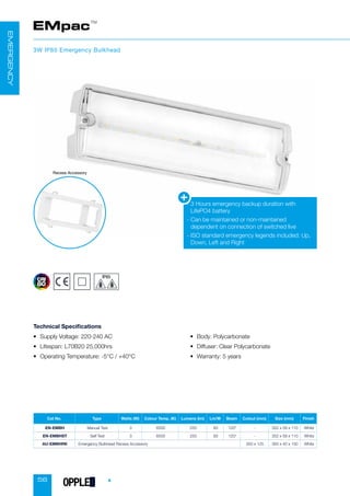 56
Cat No. Type Watts (W) Colour Temp. (K) Lumens (lm) Lm/W Beam Cutout (mm) Size (mm) Finish
EN-EMBH Manual Test 3 6500 250 83 120° - 352 x 59 x 110 White
EN-EMBHST Self Test 3 6500 250 83 120° - 352 x 59 x 110 White
AU-EMBHRK Emergency Bulkhead Recess Accessory 350 x 125 393 x 40 x 150 White
EMpac™
3W IP65 Emergency Bulkhead
• Supply Voltage: 220-240 AC
• Lifespan: L70B20 25,000hrs
• Operating Temperature: -5°C / +40°C
• Body: Polycarbonate
• Diffuser: Clear Polycarbonate
• Warranty: 5 years
Technical Specifications
-

3 Hours emergency backup duration with
LifePO4 battery
-

Can be maintained or non-maintained
dependent on connection of switched live
-

ISO standard emergency legends included: Up,
Down, Left and Right
EMERGENCY
Recess Accessory
OPPLED
 