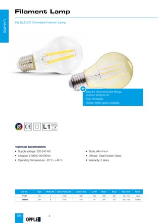 58
Cat No. Type Watts (W) Colour Temp. (K) Lumens (lm) Lm/W Beam Base Size (mm) Finish
71461 Dim 8 2700 806 100 300° E27 60 x 110 Clear
100003 Dim 8 2700 720 90 300° E27 60 x 108 Golden
Filament Lamp
8W GLS E27 Dimmable Filament Lamp
• Supply Voltage: 220-240 AC
• Lifespan: L70B50 30,000hrs
• Operating Temperature: -25°C / +45°C
• Body: Aluminium
• Diffuser: Clear/Golden Glass
• Warranty: 2 Years
Technical Specifications
Conservation
of Fuel and
Power
compliant
-

Ideal for decorative light fittings,
outdoor lanterns etc.
- Triac dimmable
- Golden finish option available
LAMPS
OPPLED
 