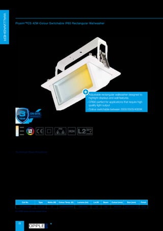 8
Cat No. Type Watts (W) Colour Temp. (K) Lumens (lm) Lm/W Beam Cutout (mm) Size (mm) Finish
EN-WW42CS Non Dim 42 3000/3500/4000 3900-4300 102 100° 220x130 235 x 145 x 120 White
Prysim™
CS
Prysim™CS 42W Colour Switchable IP65 Rectangular Wallwasher
• Supply Voltage: 220-240 AC
• Lifespan: L70B50 50,000hrs
• Operating Temperature: -20°C / +45°C
• Body: Aluminium
• Diffuser: Opaque Polycarbonate
• Warranty: 5 Years (3 Years On-Site)
Technical Specifications
Conservation
of Fuel and
Power
compliant
-

Adjustable rectangular wallwasher designed to
highlight displays and wall features
-

CRI90 perfect for applications that require high
quality light output
-

Colour switchable between 3000/3500/4000K
WALLWASHER
3000K
4000K
3500K
For DALI option please contact Sales.
OPPLED
 