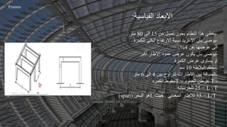 ‫القياسية‬ ‫االبعاد‬
:
-
‫يغطى‬
‫من‬ ‫تصل‬ ‫بحور‬ ‫النظام‬ ‫هذا‬
15
‫الى‬
80
‫متر‬
.
-
‫يوصى‬
‫للكمرة‬ ‫الكلى‬ ‫االرتفاع‬ ‫نسبة‬ ‫تزيد‬ ‫اال‬ ‫بأن‬
‫عن‬ ‫عرضها‬ ‫الى‬
4
.%
-
‫يوصى‬
‫أكبر‬ ‫إالطار‬ ‫عمود‬ ‫عرض‬ ‫يكون‬ ‫بان‬
‫الكمرة‬ ‫عرض‬ ‫يساوى‬ ‫او‬
-
‫سمك‬
‫البالطة‬
10
‫سم‬
-
‫المسافة‬
‫بين‬ ‫تتراوح‬ ‫إالطارات‬ ‫بين‬
4
‫الى‬
6
‫متر‬
.
-
T
‫العمود‬ ‫عرض‬
=
T
‫الكمره‬ ‫سقوط‬
L  T
=
25
‫للخرسانه‬
= L/T
35
‫المعدني‬ ‫لالطار‬
..
‫حيث‬
L
‫البحر‬ ‫هو‬
span)
)
Frames
 