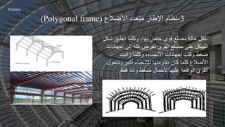 Frames
3
-
‫األضالع‬ ‫متعدد‬ ‫اإلطار‬ ‫نظام‬
(Polygonal frame)
-
‫ش‬ ‫انطبق‬ ‫وكلما‬ ،‫بها‬ ‫خاص‬ ‫قوى‬ ‫مضلع‬ ‫حالة‬ ‫لكل‬
‫كل‬
‫إجهادا‬ ‫إلى‬ ‫كله‬ ‫تعرض‬ ‫القوى‬ ‫مضلع‬ ‫على‬ ‫الهيكل‬
‫ت‬
‫زادت‬ ‫وكلما‬ ،‫االنحناء‬ ‫إجهادات‬ ‫وقلت‬ ‫ضغط‬
‫وتتح‬ ‫أكبر‬ ‫لالنحناء‬ ‫مقاومتها‬ ‫كان‬ ‫كلما‬ ‫األضالع‬
‫ول‬
‫وشد‬ ‫ضغط‬ ‫ألحمال‬ ‫عليها‬ ‫الواقعة‬ ‫القوي‬
‫فقط‬
.
 