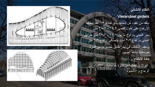 ‫االنشائي‬ ‫النظام‬
Vierendeel girders
‫عددها‬ ‫يبلغ‬ ‫الحديد‬ ‫من‬ ‫عقود‬ ‫من‬ ‫سقفه‬
١٥
‫مختلفة‬ ‫عقد‬
‫المبنى‬ ‫طول‬ ‫على‬ ‫االرتفاع‬
۲
.
٣١
-
٣٨.٦
‫متر‬
‫بين‬ ‫ما‬ ‫يتراوح‬ ‫المبني‬ ‫بحر‬
٣٣.٧
-
٦١.۲
‫طوابق‬ ‫متر‬
‫بارتفاع‬ ‫المبني‬
٣.٣
‫ارتفاع‬ ‫وصافي‬ ‫أمتار‬
۲.۹
‫متر‬
‫قشرة‬ ‫من‬ ‫مصنوعة‬ ‫طابق‬ ‫آخر‬ ‫في‬ ‫المكاتب‬ ‫وسقف‬
‫الصب‬ ‫سابقة‬ ‫خرسانية‬
.
‫اإلنشاء‬ ‫مادة‬
‫من‬ ‫اإلكساء‬ ‫و‬ ‫خرسانية‬ ‫قشرة‬ ‫من‬ ‫تغطية‬ ‫و‬ ‫الفوالذ‬
‫األلمنيوم‬ ‫و‬ ‫الزجاج‬
 