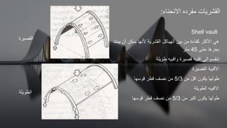 ‫االنحنا‬ ‫مفرده‬ ‫القشريات‬
‫ت‬
:
Shell vault
‫أن‬ ‫يمكن‬ ‫ألنها‬ ‫القشرية‬ ‫الهياكل‬ ‫بين‬ ‫من‬ ‫كفاتة‬ ‫األكثر‬ ‫هي‬
‫يمتد‬
‫حتى‬ ‫بحرها‬
45
‫متر‬
‫طويلة‬ ‫واقبيه‬ ‫قصيرة‬ ‫اقبيه‬ ‫الى‬ ‫تنقسم‬
‫القصيرة‬ ‫األقبية‬
‫من‬ ‫اقل‬ ‫يكون‬ ‫طولها‬
5/3
‫قوسها‬ ‫قطر‬ ‫نصف‬ ‫من‬
‫الطويلة‬ ‫االقبيه‬
‫من‬ ‫اكبر‬ ‫يكون‬ ‫طولها‬
5/3
‫قوسها‬ ‫قطر‬ ‫نصف‬ ‫من‬
‫القصيرة‬
‫الطويلة‬
 