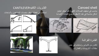 Canoed shell
‫يمك‬ ‫كما‬ ‫الكبيرة‬ ‫الصاالت‬ ‫تسقيف‬ ‫في‬ ‫مناسب‬
‫اختيار‬ ‫ن‬
‫اإل‬ ‫فتحات‬ ‫لوضع‬ ‫االسقف‬ ‫هذه‬ ‫في‬ ‫مناسبة‬ ‫أماكن‬
‫ضاتة‬
‫القشريات‬
‫الكتفيه‬
CANTILEVER
‫والس‬ ‫المشاهدين‬ ‫منصات‬ ‫اسقف‬ ‫تغطية‬ ‫في‬ ‫تستخدم‬
‫احات‬
‫الفراشة‬ ‫القشرة‬
‫من‬ ‫تتكون‬
‫كابولين‬
‫عمل‬ ‫في‬ ‫وتستخدم‬
‫والقطارات‬ ‫االتوبيسات‬ ‫مظالت‬
 
