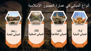 ‫أوال‬
:
‫الدينية‬ ‫المباني‬
‫ثانيا‬
:
‫الدفاعية‬ ‫المباني‬
‫ثالثا‬
:
‫السكني‬ ‫المباني‬
‫ة‬
‫رابعا‬
:
‫العامة‬ ‫المباني‬
‫االسالمية‬ ‫العصور‬ ‫عمارة‬ ‫في‬ ‫المباني‬ ‫أنواع‬
 