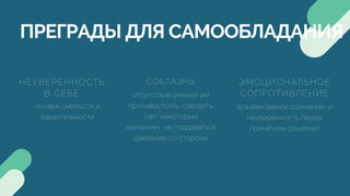НЕУВЕРЕННОСТЬ
В СЕБЕ
потеря смелости и
решительности
СОБЛАЗНЫ
отсутствие умения им
противостоять, говорить
"нет" некоторым
желаниям, не поддаваться
давлению со стороны
ЭМОЦИОНАЛЬНОЕ
СОПРОТИВЛЕНИЕ
возникновение сомнений и
неуверенность перед
принятием решений
ПРЕГРАДЫ ДЛЯ САМООБЛАДАНИЯ
 