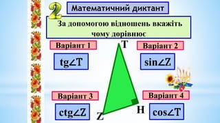 Математичний диктант
Варіант 1
Варіант 3
Варіант 2
Варіант 4
За допомогою відношень вкажіть
чому дорівнює
Z
T
H
sin∠Z
tg∠T
cos∠T
ctg∠Z
 