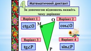 Математичний диктант
Варіант 1
Варіант 3
Варіант 2
Варіант 4
За допомогою відношень вкажіть
чому дорівнює
М
О
Р
sin∠P
tg∠P
cos∠O
ctg∠O
 