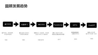 回顾发展趋势
基于规则 机器学习 神经网络 Transformer GPT3 ChatGPT
基于规则，简单粗暴，
处理有限数据
通过函数分类回归
处理固定量数据
提前标记一些数据，开始像
人脑分类学习大量数据
模拟人脑学习过程，
开始关注重点而非全部
投喂海量数据，
无需分类标注
接受人类反馈
成为学习过程一部分
1950 1980 1990-2016 2017 2020 2022
 