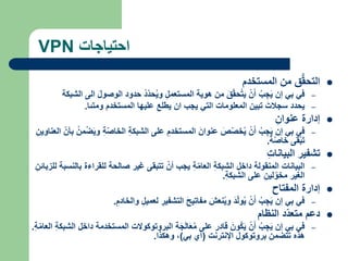 VPN ‫احتياجات‬

‫المستخدم‬ ‫من‬ ‫ق‬ُّ‫ق‬‫التح‬
–
‫الوصو‬ ‫حدود‬ ُ‫د‬ّ‫د‬‫ح‬ُ‫ي‬‫و‬ ‫المستعمل‬ ‫هوية‬ ‫من‬ َ‫ق‬ّ‫ق‬‫ح‬ُ‫ت‬‫ي‬ ْ‫ن‬َ‫أ‬ ُ‫ب‬‫ج‬َ‫ي‬ ‫إن‬ ‫بي‬ ‫في‬
‫الشبكة‬ ‫الى‬ َ‫ل‬
–
‫ومتىا‬ ‫المستخدم‬ ‫عليها‬ ‫يطلع‬ ‫ان‬ ‫يجب‬ ‫التي‬ ‫المعلومات‬ ‫تبين‬ َ‫سجالت‬ ‫يحدد‬
.

‫عنوان‬ ‫إدارة‬
–
ّ‫ص‬‫الخا‬ ‫الشبكة‬ ‫على‬ ‫المستخدم‬ َ‫عنوان‬ َ
‫ص‬ّ‫ص‬‫خ‬ُ‫ي‬ ْ‫ن‬َ‫أ‬ ُ‫ب‬‫ج‬َ‫ي‬ ‫إن‬ ‫بي‬ ‫في‬
‫العناوين‬ ّ‫بأن‬ ُ‫من‬ْ‫ض‬َ‫ي‬‫و‬ ‫ة‬
‫ة‬ّ‫ص‬‫خا‬ ‫قى‬ْ‫ب‬َ‫ت‬
.

‫البيانات‬ ‫تشفير‬
–
‫ب‬ ‫للقراءة‬ ‫صالحة‬ ‫غير‬ ‫تتبقى‬ ْ‫أن‬ ‫يجب‬ ‫ة‬ّ‫م‬‫العا‬ ‫الشبكة‬ ‫داخل‬ ‫المنقولة‬ ‫البيانات‬
‫للزبائن‬ ‫النسبة‬
‫الشبكة‬ ‫على‬ ‫لين‬ّ‫مخو‬ ‫الغير‬
.

‫المفتاح‬ ‫إدارة‬
–
‫والخ‬ ‫لعميل‬ ‫التشفير‬ َ‫ح‬‫مفاتي‬ َ
‫نعش‬ُ‫ي‬‫و‬ َ‫د‬ّ‫ل‬‫و‬ُ‫ي‬ ْ‫ن‬َ‫أ‬ ُ‫ب‬‫ج‬َ‫ي‬ ‫إن‬ ‫بي‬ ‫في‬
‫ادم‬
.

‫النظام‬ ‫ّد‬‫د‬‫متع‬ ‫دعم‬
–
‫المستخ‬ ‫البروتوكوالت‬ ‫ة‬َ‫ج‬َ‫ل‬‫ا‬َ‫ع‬ُ‫م‬ ‫على‬ ‫قادر‬ َ‫ُون‬‫ك‬َ‫ي‬ ْ‫ن‬َ‫أ‬ ُ‫ب‬‫ج‬َ‫ي‬ ‫إن‬ ‫بي‬ ‫في‬
‫ة‬ّ‫م‬‫العا‬ ‫الشبكة‬ ‫داخل‬ ‫دمة‬
.
‫اإلنترنت‬ ‫بروتوكول‬ ‫تتضمن‬ ‫هذه‬
(
‫بي‬ ‫آي‬
)
‫وهكذا‬ ،
.
 