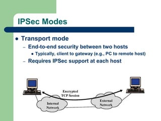 IPSec Modes
 Transport mode
– End-to-end security between two hosts
 Typically, client to gateway (e.g., PC to remote host)
– Requires IPSec support at each host
 