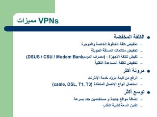 ‫مميزات‬ VPNs

‫المخفضة‬ ‫الكلفة‬
–
‫والمؤجرة‬ ‫الخاصة‬ ‫الخطوط‬ ‫كلفة‬ ‫تخفيض‬
–
‫الطويلة‬ ‫المسافة‬ ‫مكالمات‬ ‫تخفيض‬
–
ِ‫األجهزة‬ ‫تكلفة‬ ‫تفيض‬
(
‫المودم‬ ‫مصرف‬
Modem Bank
/
CSU
/
DSUS
)
–
ُ‫التقنية‬ ‫المساعدة‬ ‫تكلفة‬ ‫تخفيض‬

‫أكثر‬ ‫مرونة‬
–
‫اإلنترنت‬ ‫خدمة‬ ‫د‬ّ‫مزو‬ ‫قيمة‬ ‫من‬ ‫الرفع‬
–
‫ّدة‬‫د‬‫المتع‬ ‫اإلتصال‬ ‫أنواع‬ ‫استعمال‬
(
cable, DSL, T1, T3
)

‫أكثر‬ ‫توسع‬
–
‫بسرعة‬ ‫جدد‬ ‫مستخدمين‬ ‫و‬ َ‫ة‬‫جديد‬ َ‫ع‬‫مواق‬ ‫إضافة‬
–
‫الطلب‬ ‫ية‬‫ب‬ْ‫ل‬َ‫ت‬‫ل‬ ‫السعة‬ ‫تقنين‬
 