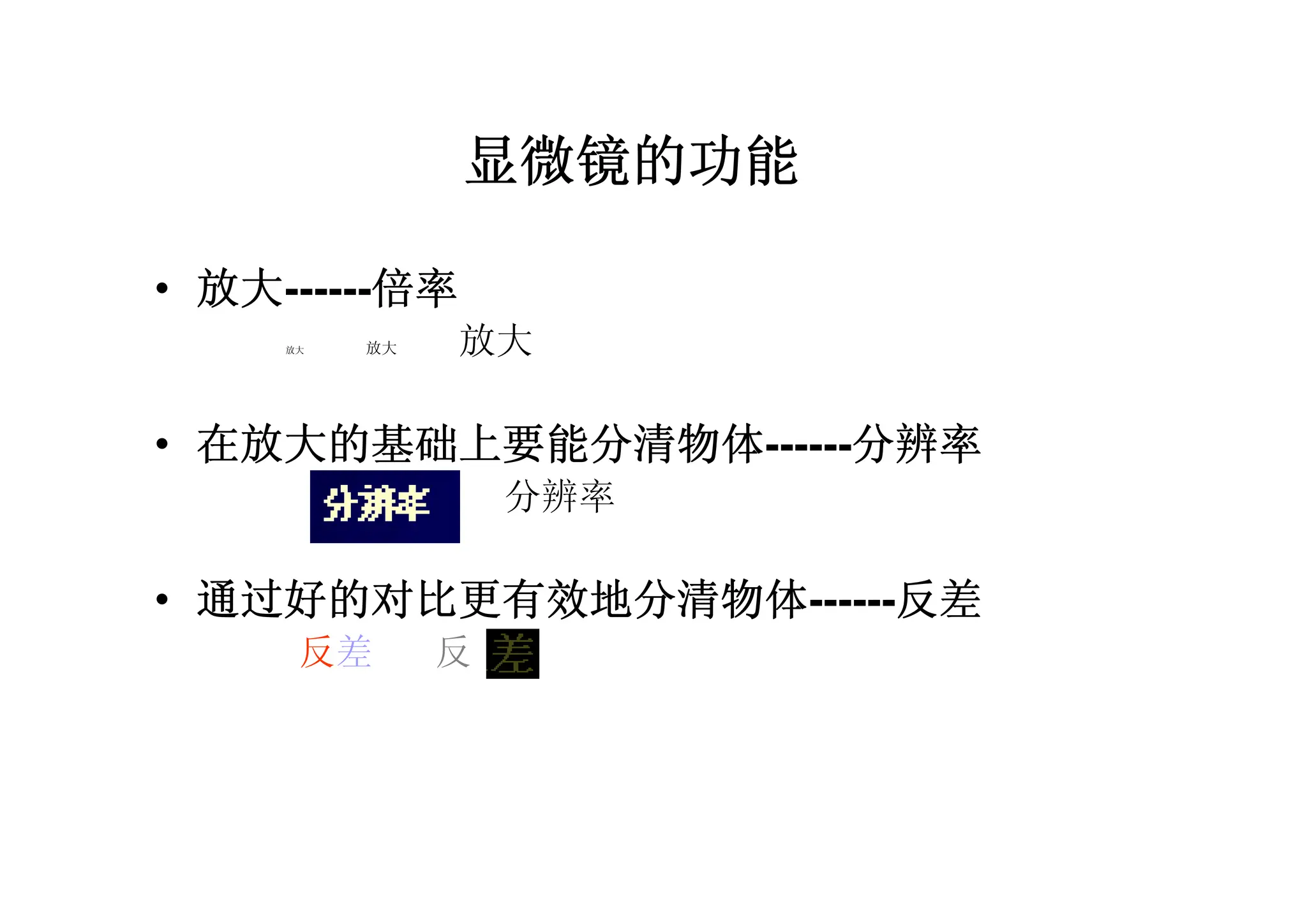 显微镜的功能
• 放大------倍率
放大 放大 放大
• 在放大的基础上要能分清物体------分辨率
分辨率
• 通过好的对比更有效地分清物体------反差
反差 反
 