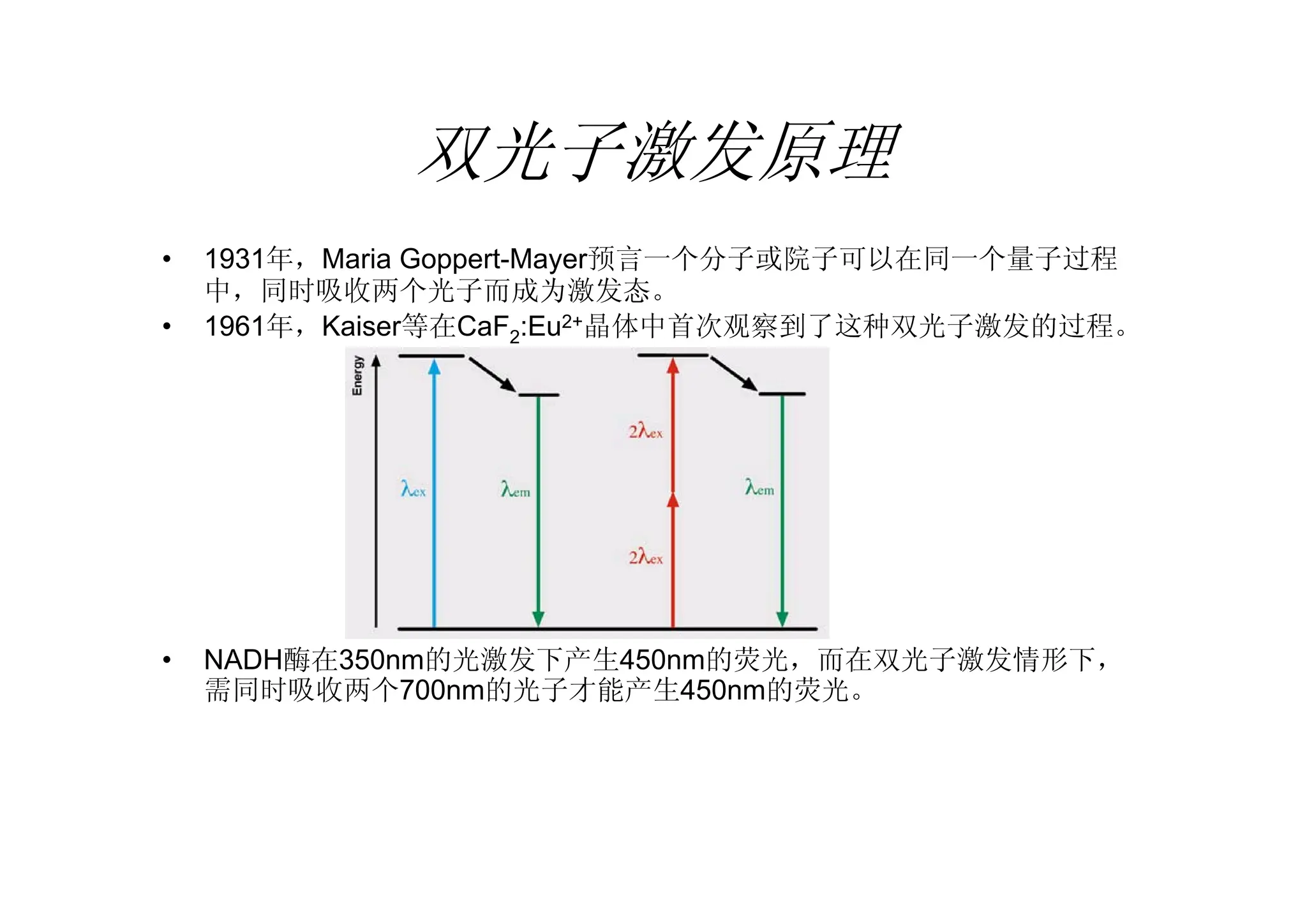 双光子激发原理
• 1931年，Maria Goppert-Mayer预言一个分子或院子可以在同一个量子过程
中，同时吸收两个光子而成为激发态。
• 1961年，Kaiser等在CaF2:Eu2+晶体中首次观察到了这种双光子激发的过程。
• NADH酶在350nm的光激发下产生450nm的荧光，而在双光子激发情形下，
需同时吸收两个700nm的光子才能产生450nm的荧光。
 