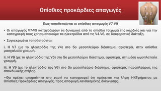Οπίσθιες προκάρδιες απαγωγές
Πως τοποθετούνται οι οπίσθιες απαγωγές V7-V9
▪ Οι απαγωγές V7-V9 καταγράφουν τα δυναμικά από το οπίσθιο τοίχωμα της καρδιάς και για την
καταγραφή τους χρησιμοποιούμε τα ηλεκτρόδια από τις V4-V6, σε διαφορετική διάταξη.
▪ Συγκεκριμένα τοποθετούνται:
i. Η V7 (με το ηλεκτρόδιο της V4) στο 5ο μεσοπλεύριο διάστημα, αριστερά, στην οπίσθια
μασχαλιαία γραμμή.
ii. Η V8 (με το ηλεκτρόδιο της V5) στο 5ο μεσοπλεύριο διάστημα, αριστερά, στη μέση ωμοπλατιαία
γραμμή.
iii. Η V9 (με το ηλεκτρόδιο της V6) στο 5ο μεσοπλεύριο διάστημα, αριστερά, παραπλεύρως της
σπονδυλικής στήλης.
•Θα πρέπει απαραίτητα στο χαρτί να καταγραφεί ότι πρόκειται για λήψη ΗΚΓφήματος με
Οπίσθιες Προκάρδιες απαγωγές, προς αποφυγή λανθασμένης διάγνωσης.
 