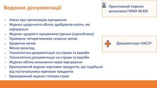 Ведення документації • Орієнтовний перелік
визначено ПКМУ №305
• Наказ про організацію харчування
• Журнал щоденного обліку здобувачів освіти, які
харчуються
• Журнал здоров’я працівників їдальні (харчоблоку)
• Примірне чотиритижневе сезонне меню
• Щоденне меню
• Меню-розклад
• Технологічна документація на страви та вироби
• Технологічна документація на страви та вироби
• Журнал обліку виконання норм харчування
• Бракеражний журнал харчових продуктів, що надійшли
від постачальника харчових продуктів
• Бракеражний журнал готових страв
Документація НАССР
 