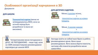 Особливості організації харчування в ЗО
Документи
Технологічні картки (меню не
затверджувалось МОЗ, хоча на
осінній період було
розроблене та мало всі
висновки).
Меню 3-разове осіннє,
+
технологічні картки на кожен
тиждень
Меню 3-разове зимове
+
технологічні картки на кожен
тиждень
ДЛЯ ДИТЯЧИХ САДОЧКІВ:
ДЛЯ ШКОЛИ:
Чотиритижневе меню погоджуємо в
ДПСС. НЕ ПОГОДЖУЄМО - лише тоді, коли
на 100% використовуємо рекомендоване
відповідно до наказів МОЗ
Заклади освіти не зобов’язані брати в роботу
рекомендоване меню. Воно лише
рекомендоване. Його можна брати повністю,
частково або повністю розробляти меню
самостійно
 
