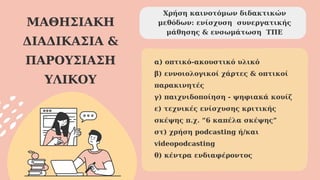 ΜΑΘΗΣΙΑΚΗ
ΔΙΑΔΙΚΑΣΙΑ &
ΠΑΡΟΥΣΙΑΣΗ
ΥΛΙΚΟΥ
α) οπτικό-ακουστικό υλικό
β) εννοιολογικοί χάρτες & οπτικοί
παρακινητές
γ) παιχνιδοποίηση - ψηφιακά κουίζ
ε) τεχνικές ενίσχυσης κριτικής
σκέψης π.χ. “6 καπέλα σκέψης”
στ) χρήση podcasting ή/και
videopodcasting
θ) κέντρα ενδιαφέροντος
Χρήση καινοτόμων διδακτικών
μεθόδων: ενίσχυση συνεργατικής
μάθησης & ενσωμάτωση ΤΠΕ
 