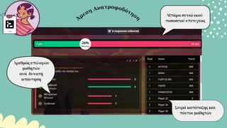 Αριθμός επιλογών
μαθητών
ανά δυνατή
απάντηση
Σειρά κατάταξης και
πόντοι μαθητών
Μπάρα συνολικού
ποσοστού επιτυχίας
Άμεση Ανατροφοδότηση
 