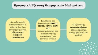 Προφορική Εξέταση Θεωρητικών Μαθημάτων
Αν ο εξεταστής
διαπιστώσει ότι οι
μαθητής δεν έχει
συνεχή ροή λόγου:
εξέταση με
υποβολή
ερωτήσεων
Ερωτήσεις που
ξεκινούν με: ΠΟΙΟΣ,
ΠΟΤΕ, ΓΙΑΤΙ, ΠΟΥ,
ΠΩΣ
επικεντρώνονται στη
διαπίστωση της
κατανόησης των
βασικών εννοιών
Ο εξεταστής
επαναλαμβάνει
κάποιο ερώτημα
αν ζητηθεί από τον
μαθητή
 