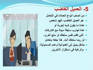 5
-
‫الغاضب‬ ‫العميل‬

‫التعامل‬ ‫في‬ ‫العمالء‬ ‫أنواع‬ ‫أصعب‬ ‫من‬

‫شخص‬ ‫فهو‬ ،‫الغاضب‬ ‫العميل‬ ‫هو‬

‫أو‬ ‫تجربة‬ ‫لديه‬ ‫يكون‬ ‫ما‬ ‫عادة‬

‫الشركات‬ ‫مع‬ ‫سيئة‬ ‫سابقة‬ ‫تجارب‬ ‫عدة‬

،‫أخرى‬ ‫سلع‬ ‫أو‬ ‫سلعتك‬ ‫نفس‬ ‫تقدم‬ ‫التي‬

‫أنت‬ ‫سلعتك‬ ‫ربما‬ ‫أو‬
.
‫يتعامل‬ ‫جعله‬ ‫هذا‬

،‫المسئولية‬ ‫وعدم‬ ‫العدوانية‬ ‫إلى‬ ‫يميل‬ ‫بشكل‬

‫اآلخرين‬ ‫استفزاز‬ ‫في‬ ‫والرغبة‬
.
 