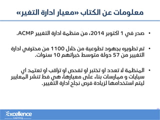 ..
‫الكتاب‬ ‫عن‬ ‫معلومات‬
«
‫التغير‬ ‫ادارة‬ ‫معيار‬
»
•
‫في‬ ‫صدر‬
1
‫اكتوبر‬
2014
‫التغيير‬ ‫ادارة‬ ‫منظمة‬ ‫من‬ ،
ACMP
.
•
‫خالل‬ ‫من‬ ‫تطوعية‬ ‫بجهود‬ ‫تطويره‬ ‫تم‬
1100
‫ادارة‬ ‫محترفي‬ ‫من‬
‫من‬ ‫التغيير‬
57
‫خبراتهم‬ ‫متوسط‬ ‫دولة‬
10
‫سنوات‬
.
•
‫اي‬ ‫تعتمد‬ ‫او‬ ‫تراقب‬ ‫او‬ ‫تفحص‬ ‫او‬ ‫تختبر‬ ‫او‬ ‫تعدد‬ ‫ال‬ ‫المنظمة‬
‫المعايي‬ ‫تنشر‬ ‫فط‬ ‫هي‬ ،‫معيارها‬ ‫على‬ ‫بناء‬ ‫ممارسات‬ ‫و‬ ‫سيايات‬
‫ر‬
‫التغيير‬ ‫ادارة‬ ‫نجاح‬ ‫فرص‬ ‫لزيادة‬ ‫استخدامها‬ ‫ليتم‬
.
 