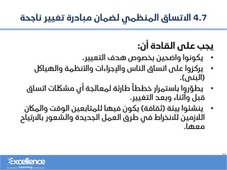 ..
4.7
‫ناجحة‬ ‫تغيير‬ ‫مبادرة‬ ‫لضمان‬ ‫المنظمي‬ ‫االتساق‬
‫أن‬ ‫القادة‬ ‫على‬ ‫يجب‬
:
•
‫التعيير‬ ‫هدف‬ ‫بخصوص‬ ‫واضحين‬ ‫يكونوا‬
.
•
‫والهيالك‬ ‫واألنظمة‬ ‫واإلجراءات‬ ‫الناس‬ ‫اتساق‬ ‫على‬ ‫يركزوا‬
(
‫البنى‬
.)
•
‫اتساق‬ ‫مشلكات‬ ‫أي‬ ‫لمعالجة‬ ‫طارئة‬ ‫خططا‬ ‫باستمرار‬ ‫روا‬ ّ
‫يطو‬
‫التغيير‬ ‫وبعد‬ ‫وأثناء‬ ‫قبل‬
.
•
‫بيئة‬ ‫ينشئوا‬
(
‫ثقافة‬
)
‫وال‬ ‫الوقت‬ ‫للمتابعين‬ ‫فيها‬ ‫يكون‬
‫ماكن‬
‫باالرتي‬ ‫والشعور‬ ‫الجديدة‬ ‫العمل‬ ‫طرق‬ ‫في‬ ‫لالنخراط‬ ‫الالزمين‬
‫اح‬
‫معها‬
.
 