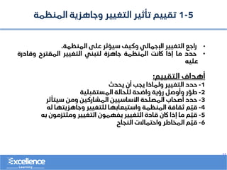 ..
5
-
1
‫المنظمة‬ ‫وجاهزية‬ ‫التغيير‬ ‫تأثير‬ ‫تقييم‬
•
‫راجع‬
‫التغيير‬
‫اإلجمالي‬
‫وكيف‬
‫سيؤثر‬
‫على‬
‫المنظمة‬
.
•
‫حدد‬
‫ما‬
‫إذا‬
‫اكنت‬
‫المنظمة‬
‫جاهزة‬
‫لتبني‬
‫التغيير‬
‫المقترح‬
‫وقادرة‬
‫عليه‬
‫أهداف‬
‫التقييم‬
:
1
-
‫حدد‬
‫التغيير‬
‫ولماذا‬
‫يجب‬
‫أن‬
‫يحدث‬
2
-
‫ر‬ ّ
‫طو‬
‫وأوصل‬
‫رؤية‬
‫واضحة‬
‫للحالة‬
‫المستقبلية‬
3
-
‫حدد‬
‫أصحاب‬
‫المصلحة‬
‫األساسيين‬
‫المشاركين‬
‫ومن‬
‫سيتأثر‬
4
-
‫م‬ ّ
‫قي‬
‫ثقافة‬
‫المنظمة‬
‫واستيعابها‬
‫للتغيير‬
‫وجاهزيتها‬
‫له‬
5
-
‫م‬ ّ
‫قي‬
‫ما‬
‫إذا‬
‫اكن‬
‫قادة‬
‫التغيير‬
‫يفهمون‬
‫التغيير‬
‫وملتزمون‬
‫به‬
6
-
‫م‬ ّ
‫قي‬
‫المخاطر‬
‫واحتماالت‬
‫النجاح‬
 