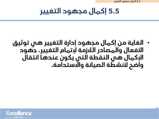 ..
5.5
‫التغيير‬ ‫مجهود‬ ‫اكمال‬
•
‫توثيق‬ ‫هي‬ ‫التغيير‬ ‫إدارة‬ ‫مجهود‬ ‫إكمال‬ ‫من‬ ‫الغاية‬
‫التغيير‬ ‫إلتمام‬ ‫الالزمة‬ ‫والمصادر‬ ‫األفعال‬
.
‫جهود‬
‫انتقال‬ ‫عندها‬ ‫يكون‬ ‫التي‬ ‫النقطة‬ ‫هي‬ ‫اإلكمال‬
‫واالستدامة‬ ‫الصيانة‬ ‫ألنشطة‬ ‫واضح‬
.
5.5
‫التغيير‬ ‫مجهود‬ ‫إكمال‬
 