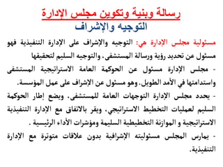 ‫اإلدارة‬ ‫مجلس‬ ‫وتكوين‬ ‫وبنية‬ ‫رسالة‬
‫واإلشراف‬ ‫التوجيه‬
‫مسوئلية‬
‫مجلس‬
‫دارة‬‫إ‬‫ل‬‫ا‬
‫هي‬
:
‫التوجيه‬
‫اف‬‫ر‬‫ش‬‫إ‬‫ل‬‫وا‬
‫على‬
‫دارة‬‫إ‬‫ل‬‫ا‬
‫التنفيذ‬
‫ية‬
‫فهو‬
‫مسوئل‬
‫عن‬
‫تحديد‬
‫ية‬‫ؤ‬‫ر‬
‫سألة‬‫ر‬‫و‬
،‫المستشفى‬
‫والتوجيه‬
‫السليم‬
‫لت‬
‫حقيقهأ‬
-
‫مجلس‬
‫دارة‬‫إ‬‫ال‬
‫مسوئل‬
‫عن‬
‫الحوكمة‬
‫العأمة‬
‫اتيجية‬‫ر‬‫الست‬
‫المستشف‬
‫ى‬
‫واستدامتهأ‬
‫في‬
‫مد‬
‫أ‬
‫ال‬
‫الطويل‬
.
‫وهو‬
‫مسوئل‬
‫عن‬
‫اف‬‫ر‬‫ش‬‫إ‬‫ل‬‫ا‬
‫على‬
‫عمل‬
‫المؤ‬
‫سسة‬
.
-
‫يحدد‬
‫مجلس‬
‫دارة‬‫إ‬‫ل‬‫ا‬
‫التوجهأت‬
‫العأمة‬
،‫للمستشفى‬
‫ويضع‬
‫طأر‬‫إ‬‫ا‬
‫الح‬
‫وكمة‬
‫السليم‬
‫لعمليأت‬
‫التخطيط‬
،‫اتيجي‬‫ر‬‫الست‬
‫ويقر‬
‫بألتفأق‬
‫مع‬
‫إ‬‫ل‬‫ا‬
‫دارة‬
‫التنفيذية‬
‫اتيجية‬‫ر‬‫الست‬
‫و‬
‫نة‬‫ز‬‫الموا‬
‫التخطيطية‬
‫السليمة‬
‫ات‬‫ر‬‫ومؤش‬
‫داء‬
‫أ‬
‫ال‬
‫ئ‬‫ر‬‫ال‬
‫يسية‬
.
-
‫يمأرس‬
‫المجلس‬
‫مسوئليته‬
‫افية‬‫ر‬‫ش‬‫إ‬‫ل‬‫ا‬
‫بدون‬
‫عالقأت‬
‫متوترة‬
‫مع‬
‫إ‬‫ل‬‫ا‬
‫دارة‬
‫التنفيذية‬
.
 