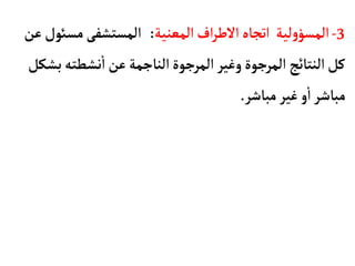 3
-
‫المعنية‬‫اف‬‫ر‬‫الط‬‫اتجأه‬ ‫لية‬‫و‬‫المسؤ‬
:
‫مس‬‫المستشفى‬
‫عن‬‫وئل‬
‫نشطت‬
‫أ‬
‫ا‬‫عن‬‫النأجمة‬‫المرجوة‬‫وغير‬‫المرجوة‬ ‫النتأئج‬‫كل‬
‫بشكل‬‫ه‬
‫مبأشر‬ ‫غير‬‫و‬
‫أ‬
‫ا‬‫مبأشر‬
.
 