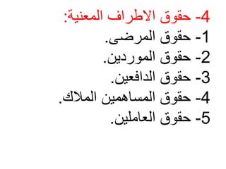 4
-
‫المعنية‬ ‫االطراف‬ ‫حقوق‬
:
1
-
‫المرضى‬ ‫حقوق‬
.
2
-
‫الموردين‬ ‫حقوق‬
.
3
-
‫الدافعين‬ ‫حقوق‬
.
4
-
‫المالك‬ ‫المساهمين‬ ‫حقوق‬
.
5
-
‫العاملين‬ ‫حقوق‬
.
 