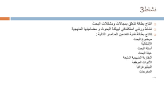 ‫نشاط‬
3

‫ومشكالت‬ ‫بمجاالت‬ ‫تتعلق‬ ‫بطاقة‬ ‫انتاج‬
‫البحث‬

‫مضامينها‬ ‫و‬ ‫البحوث‬ ‫لهيكلة‬ ‫استكشافي‬ ‫ورشي‬ ‫نشاط‬
‫المنهجية‬

‫التالية‬ ‫العناصر‬ ‫تتضمن‬ ‫تقنية‬ ‫بطاقة‬ ‫إنتاج‬
:
‫موضوع‬
‫البحث‬
‫اإلشكالية‬
‫البحث‬ ‫أسئلة‬
‫البحث‬ ‫عينة‬
‫المقاربة‬
‫المتبعة‬ ‫المنهجية‬
‫األدوات‬
‫الموظفة‬
‫البيبليوغرافيا‬
‫المخرجات‬
...
 