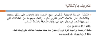 ‫باإلشكالية‬ ‫التعريف‬

‫إشكالية‬
:
‫المرحلة‬
‫التمهيدية‬
‫األولى‬
‫في‬
‫منهج‬
،‫البحث‬
‫تتميز‬
‫بالتعرف‬
‫على‬
‫مش‬
‫كل‬
‫وتحديده‬
‫واالستدالل‬
‫على‬
‫مالءمته‬
‫الطار‬
‫نظري‬
‫عام‬
،
‫وتشمل‬
‫مجموعة‬
‫من‬
‫المشكالت‬
‫التي‬
‫سيواجهها‬
‫البحث‬
‫في‬
‫مجال‬
‫معين‬
‫من‬
‫مجاالت‬
‫المعرفة‬
‫والنشاط‬
‫اإلنسان‬
‫ي‬
(le gendre, R. 1988)
.
‫مشكل‬
:
‫وضعية‬
‫يواجهها‬
‫خطة‬ ‫لديه‬ ‫يكون‬ ‫أن‬ ‫دون‬ ‫الفرد‬
‫ممنهجة‬
‫الحل‬ ‫إيجاد‬ ‫على‬ ‫تساعده‬
Kantowski-in Hattab,H.1984
 