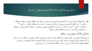 ‫دومدار‬ ‫و‬ ‫صحی‬ ‫آشامیدنی‬ ‫آب‬ ‫به‬ ‫نداشتن‬ ‫دسترسی‬

‫میشود‬ ‫محسوب‬ ‫منطقه‬ ‫هر‬ ‫اولیه‬ ‫و‬ ‫اساسی‬ ‫نیاز‬ ‫صحی‬ ‫آشامیدنی‬ ‫آب‬ ‫به‬ ‫دسترسی‬ ‫آنجاییکه‬ ‫از‬
‫منطقه‬
‫طی‬ ‫در‬ ‫مذکور‬ ‫منطقه‬ ‫بناء‬ ‫نبوده‬ ‫برخوردار‬ ‫دوامدار‬ ‫و‬ ‫صحی‬ ‫آشامیدنی‬ ‫کافی‬ ‫آب‬ ‫از‬ ‫مذکور‬
۲۴
‫حدود‬ ‫در‬ ‫ساعت‬
۲
‫الی‬
۳
‫چالش‬ ‫از‬ ‫یکی‬ ‫این‬ ‫که‬ ‫میباشد‬ ‫برخوردار‬ ‫صحی‬ ‫آشامیدنی‬ ‫آب‬ ‫دارای‬ ‫ساعت‬
‫میباشد‬ ‫مذکور‬ ‫منطقه‬ ‫مردم‬ ‫راه‬ ‫سد‬ ‫بزرگ‬ ‫معضل‬ ‫و‬
.
‫منظم‬ ‫و‬ ‫معیاری‬ ‫کانال‬ ‫نداشتن‬
‫آن‬ ‫سبب‬ ‫منظم‬ ‫و‬ ‫معیاری‬ ‫کانال‬ ‫موجودیت‬ ‫عدم‬ ‫اما‬ ‫شده‬ ‫اسفالت‬ ‫آن‬ ‫های‬ ‫کوچه‬ ‫از‬ ‫بعضی‬ ‫وجودیکه‬ ‫با‬
‫شده‬
‫خرابی‬ ‫و‬ ‫آب‬ ‫تجمع‬ ‫باعث‬ ‫ها‬ ‫کوچه‬ ‫داخل‬ ‫آب‬ ‫شدن‬ ‫رها‬ ‫این‬ ‫بنابر‬ ‫شود‬ ‫رها‬ ‫کوچه‬ ‫داخل‬ ‫اضافی‬ ‫آب‬ ‫تا‬
‫میبرد‬ ‫بین‬ ‫از‬ ‫را‬ ‫ها‬ ‫کوچه‬ ‫اسفالت‬ ‫زمان‬ ‫مرور‬ ‫به‬ ‫که‬ ‫شده‬ ‫ها‬ ‫کوچه‬ ‫اسفالت‬
.
 