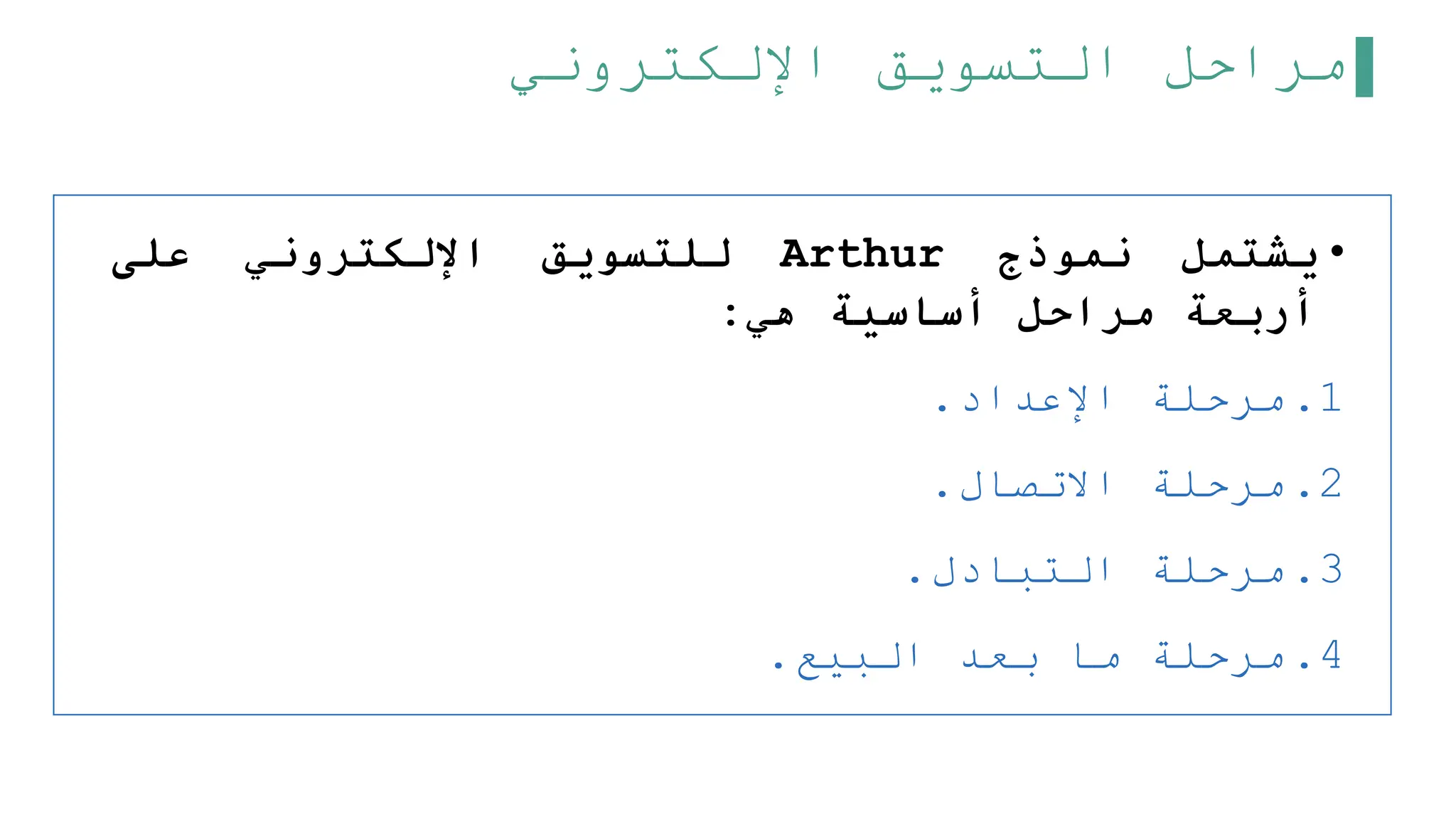 ‫اإللكتروني‬ ‫التسويق‬ ‫مراحل‬
•
‫يشتمل‬
‫نموذج‬
Arthur
‫للتسويق‬
‫اإللكتروني‬
‫على‬
‫أربعة‬
‫مراحل‬
‫أساسية‬
‫هي‬
:
.1
‫مرحلة‬
‫اإلعداد‬
.
.2
‫مرحلة‬
‫االتصال‬
.
.3
‫مرحلة‬
‫التبادل‬
.
.4
‫مرحلة‬
‫ما‬
‫بعد‬
‫البيع‬
.
 