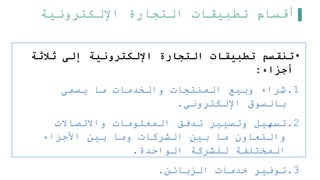 ‫اإللكترونية‬ ‫التجارة‬ ‫تطبيقات‬ ‫أقسام‬
•
‫ثالثة‬ ‫إلى‬ ‫اإللكترونية‬ ‫التجارة‬ ‫تطبيقات‬ ‫تنقسم‬
‫أجزاء‬
:
.1
‫يسمى‬ ‫ما‬ ‫والخدمات‬ ‫المنتجات‬ ‫وبيع‬ ‫شراء‬
‫اإللكتروني‬ ‫بالسوق‬
.
.2
‫واالتصاالت‬ ‫المعلومات‬ ‫تدفق‬ ‫وتسيير‬ ‫تسهيل‬
‫األجزاء‬ ‫بين‬ ‫وما‬ ‫الشركات‬ ‫بين‬ ‫ما‬ ‫والتعاون‬
‫الواحدة‬ ‫للشركة‬ ‫المختلفة‬
.
.3
‫الزبائن‬ ‫خدمات‬ ‫توفير‬
.
 