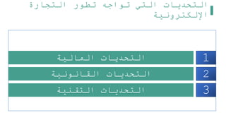‫التجارة‬ ‫تطور‬ ‫تواجه‬ ‫التي‬ ‫التحديات‬
‫اإللكترونية‬
1
2
3
‫المالية‬ ‫التحديات‬
‫القانونية‬ ‫التحديات‬
‫التقنية‬ ‫التحديات‬
 