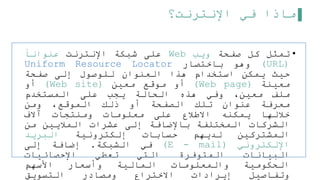 ‫اإلنترنت؟‬ ‫في‬ ‫ماذا‬
•
‫تمثل‬
‫كل‬
‫صفحة‬
‫ويب‬
Web
‫على‬
‫شبكة‬
‫اإلنترنت‬
‫عنوانا‬
(
URL
)
‫وهو‬
‫باختصار‬
Uniform Resource Locator
‫حيث‬
‫يمكن‬
‫استخدام‬
‫هذا‬
‫العنوان‬
‫للوصول‬
‫إلى‬
‫صفحة‬
‫معينة‬
(
Web page
)
‫أو‬
‫موقع‬
‫معين‬
(
Web site
)
‫أو‬
‫ملف‬
،‫معين‬
‫وفي‬
‫هذه‬
‫الحالة‬
‫يجب‬
‫على‬
‫المستخدم‬
‫معرفة‬
‫عنوان‬
‫تلك‬
‫الصفحة‬
‫أو‬
‫ذلك‬
،‫الموقع‬
‫ومن‬
‫خللها‬
‫يمكنه‬
‫االطلع‬
‫على‬
‫معلومات‬
‫ومنتجات‬
‫آالف‬
‫الشركات‬
‫المختلفة‬
‫باإلضافة‬
‫إلى‬
‫عشرات‬
‫المليين‬
‫من‬
‫المشتركين‬
‫لديهم‬
‫حسابات‬
‫إلكترونية‬
‫البريد‬
‫اإللكتروني‬
(
E - mail
)
‫في‬
‫الشبكة‬
.
‫إضافة‬
‫إلى‬
‫البيانات‬
‫المتوفرة‬
‫التي‬
‫تعطي‬
‫اإلحصائيات‬
‫الحكومية‬
‫والمعلومات‬
‫المالية‬
‫وأسعار‬
‫األسهم‬
‫وتفاصيل‬
‫إيرادات‬
‫االختراع‬
‫ومصادر‬
‫التسويق‬
 