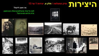 ‫היצירות‬
‫המצלמה‬ ‫פרק‬
/
‫א‬ ‫חלק‬
.
‫יצירות‬
1
‫עד‬
13
‫חשוב‬ ‫הוא‬ ‫האלה‬ ‫מהצילומים‬ ‫אחד‬ ‫כל‬ ‫למה‬
.
‫הוא‬ ‫חידוש‬ ‫איזה‬
‫מייצג‬
?
‫לדעת‬ ‫חשוב‬ ‫מה‬
?
 