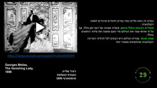 ‫ז‬
'
‫ורז‬
'
‫מלייה‬
‫הגברת‬
‫הנעלמת‬
‫סינמטוגרף‬
1896
Georges Melies,
The Vanishing Lady,
1896
https://www.youtube.com/watch?v=s3JraYOB1P4
‫לשפה‬ ‫מרכזיים‬ ‫חזותיים‬ ‫קודים‬ ‫כמה‬ ‫מלייס‬ ‫ניסח‬ ‫זה‬ ‫בסרט‬
‫הקולנועית‬
:
‫אשליית‬
‫והזמן‬ ‫החלל‬ ‫רציפות‬
:
‫וחלל‬ ‫זמן‬ ‫רצף‬ ‫של‬ ‫אמינה‬ ‫אשליה‬
,
‫אף‬
‫החפצים‬ ‫סידור‬ ‫את‬ ‫ומשנה‬ ‫פעם‬ ‫מדי‬ ‫הצילום‬ ‫את‬ ‫עוצר‬ ‫שהוא‬ ‫פי‬ ‫על‬
‫בחלל‬
.
‫קאט‬
(Cut) :
‫העריכה‬ ‫תהליכי‬ ‫לכל‬ ‫הבסיס‬ ‫היא‬ ‫הצילום‬ ‫עצירת‬
‫יותר‬ ‫מאוחר‬ ‫שהתפתחו‬ ‫הקולנועית‬
 