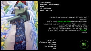 ‫ג‬
'
‫סווריני‬ ‫ינו‬
,
‫משוריינת‬ ‫רכבת‬
‫בפעולה‬
,
‫בד‬ ‫על‬ ‫שמן‬
88.5X115.8
‫ס‬
"
‫מ‬
1915
Gino Severini,
Armored Train in Action,
1915.
Oil on canvas,
115.8 x 88.5 cm.
‫הפוטוריסטי‬ ‫הציור‬
‫מאמץ‬
‫לשפה‬ ‫האופייניים‬ ‫חזותיים‬ ‫קודים‬
‫הקולנועית‬
.
‫ראשית‬
,
‫משתמש‬ ‫הוא‬
‫בה‬
‫הייצוגים‬ ‫של‬ ‫כפלות‬
,
‫סרטון‬ ‫כמו‬ ‫ממש‬
‫מוקפא‬ ‫אנימציה‬
.
‫מצבים‬ ‫בכמה‬ ‫האובייקטים‬ ‫את‬ ‫מציגות‬ ‫אלו‬ ‫הכפלות‬
‫שונים‬
,
‫התנועה‬ ‫את‬ ‫לדמיין‬ ‫יכול‬ ‫שהצופה‬ ‫כך‬
.
‫מאפיין‬
‫נוסף‬ ‫פוטוריסטי‬
,
‫השאוב‬
‫הם‬ ‫האנימציה‬ ‫של‬ ‫מהשפה‬
"
‫כוח‬ ‫קווי‬
"
-
‫אנרגיה‬ ‫קווי‬
,
‫הכדורים‬ ‫תנועת‬ ‫כיווני‬ ‫את‬ ‫המייצגים‬
‫בתמונה‬
.
 