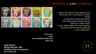 ‫וורהול‬ ‫אנדי‬
‫מרלין‬
‫משי‬ ‫הדפס‬
91.44X91.44
‫ס‬
"
‫מ‬
(
‫ריבוע‬ ‫כל‬
(
Andy Warhol,
Marilyn Monroe, 1967.
Portfolio of ten screenprints,
91.5 x 91.5 cm.
‫הטלוויזיה‬ ‫פרק‬
/
‫ב‬ ‫חלק‬
.
‫יצירות‬
51
‫עד‬
66
‫בקודים‬ ‫משתמש‬ ‫וורהול‬
‫הקולנוע‬ ‫של‬ ‫החזותיים‬
‫והטלוויזיה‬
‫המשטיחים‬
‫אותו‬ ‫והופכים‬ ‫דימוי‬ ‫כל‬
‫למסחרי‬
.
‫השימוש‬
‫וכן‬ ‫המשי‬ ‫הדפס‬ ‫בטכניקת‬ ‫שלו‬
‫הייצור‬ ‫מעולם‬ ‫הושפעו‬ ‫מוגזמת‬ ‫בצבעוניות‬
‫תקופתו‬ ‫של‬ ‫והמסחרי‬ ‫ההמוני‬
.
‫הצבעוניות‬
‫פנימית‬ ‫תחושה‬ ‫משקפת‬ ‫אינה‬ ‫העזה‬
‫הדמות‬ ‫או‬ ‫האמן‬ ‫של‬
,
‫את‬ ‫אלא‬
‫של‬ ‫הפיכתה‬
‫צריכה‬ ‫למוצר‬ ‫הדמות‬
.
 