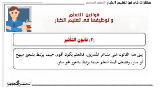 ‫اﻟﻜﺒﺎر‬ ‫ﺗﻌﻠﻴﻢ‬ ‫ﻓﻦ‬ ‫ﻓﻲ‬ ‫ﻣﻬﺎرات‬
‫اﻟﻤﺴﺘﻤﺮ‬ ‫اﻟﺘﻌﻠﻴﻢ‬
‫اﻟﺘﻌﻠﻢ‬ ‫ﻗﻮاﻧﻴﻦ‬
‫اﻟﻜﺒﺎر‬ ‫ﺗﻌﻠﻴﻢ‬ ‫ﻓﻲ‬ ‫ﺗﻮﻇﻴﻔﻬﺎ‬ ‫و‬
(
3
)
‫التأثري‬ ‫قانون‬
‫ـ‬‫ي‬ ‫ـا‬‫م‬‫حين‬ ‫ـوى‬‫ق‬‫أ‬ ‫ـون‬‫ك‬‫ي‬ ‫ـالتعلم‬‫ف‬ ‫ب‬‫ر‬‫ـد‬‫ت‬‫امل‬ ‫مشاعر‬ ‫على‬ ‫القانون‬ ‫هذا‬ ‫يبىن‬
‫ـبه‬‫م‬ ‫ـعور‬‫ش‬‫ب‬ ‫تبط‬‫ر‬
‫سار‬ ‫غري‬ ‫بشعور‬ ‫تبط‬‫ر‬‫ي‬ ‫حينما‬ ‫التعلم‬ ‫قيمة‬ ‫وتضعف‬ ‫سار‬ ‫أو‬
.
(
3
)
‫التأثري‬ ‫قانون‬
‫ـ‬‫ي‬ ‫ـا‬‫م‬‫حين‬ ‫ـوى‬‫ق‬‫أ‬ ‫ـون‬‫ك‬‫ي‬ ‫ـالتعلم‬‫ف‬ ‫ب‬‫ر‬‫ـد‬‫ت‬‫امل‬ ‫مشاعر‬ ‫على‬ ‫القانون‬ ‫هذا‬ ‫يبىن‬
‫ـبه‬‫م‬ ‫ـعور‬‫ش‬‫ب‬ ‫تبط‬‫ر‬
‫سار‬ ‫غري‬ ‫بشعور‬ ‫تبط‬‫ر‬‫ي‬ ‫حينما‬ ‫التعلم‬ ‫قيمة‬ ‫وتضعف‬ ‫سار‬ ‫أو‬
.
 
