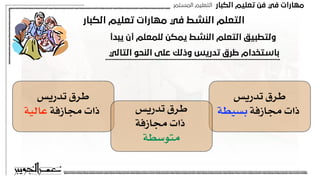 ‫اﻟﻜﺒﺎر‬ ‫ﺗﻌﻠﻴﻢ‬ ‫ﻓﻦ‬ ‫ﻓﻲ‬ ‫ﻣﻬﺎرات‬
‫اﻟﻤﺴﺘﻤﺮ‬ ‫اﻟﺘﻌﻠﻴﻢ‬
‫اﻟﻜﺒﺎر‬ ‫ﺗﻌﻠﻴﻢ‬ ‫ﻣﻬﺎرات‬ ‫ﻓﻲ‬ ‫اﻟﻨﺸﻂ‬ ‫اﻟﺘﻌﻠﻢ‬
‫ﻳﺒﺪأ‬ ‫أن‬ ‫ﻟﻠﻤﻌﻠﻢ‬ ‫ﻳﻤﻜﻦ‬ ‫اﻟﻨﺸﻂ‬ ‫اﻟﺘﻌﻠﻢ‬ ‫وﻟﺘﻄﺒﻴﻖ‬
‫اﻟﺘﺎﻟﻲ‬ ‫اﻟﻨﺤﻮ‬ ‫ﻋﻠﻰ‬ ‫وذﻟﻚ‬ ‫ﺗﺪرﻳﺲ‬ ‫ﻃﺮق‬ ‫ﺑﺎﺳﺘﺨﺪام‬
‫تدريس‬ ‫طرق‬
‫بسيطة‬ ‫مجازفة‬ ‫ذات‬
‫تدريس‬ ‫طرق‬
‫عالية‬ ‫مجازفة‬ ‫ذات‬ ‫تدريس‬ ‫طرق‬
‫مجازفة‬ ‫ذات‬
‫متوسطة‬
 