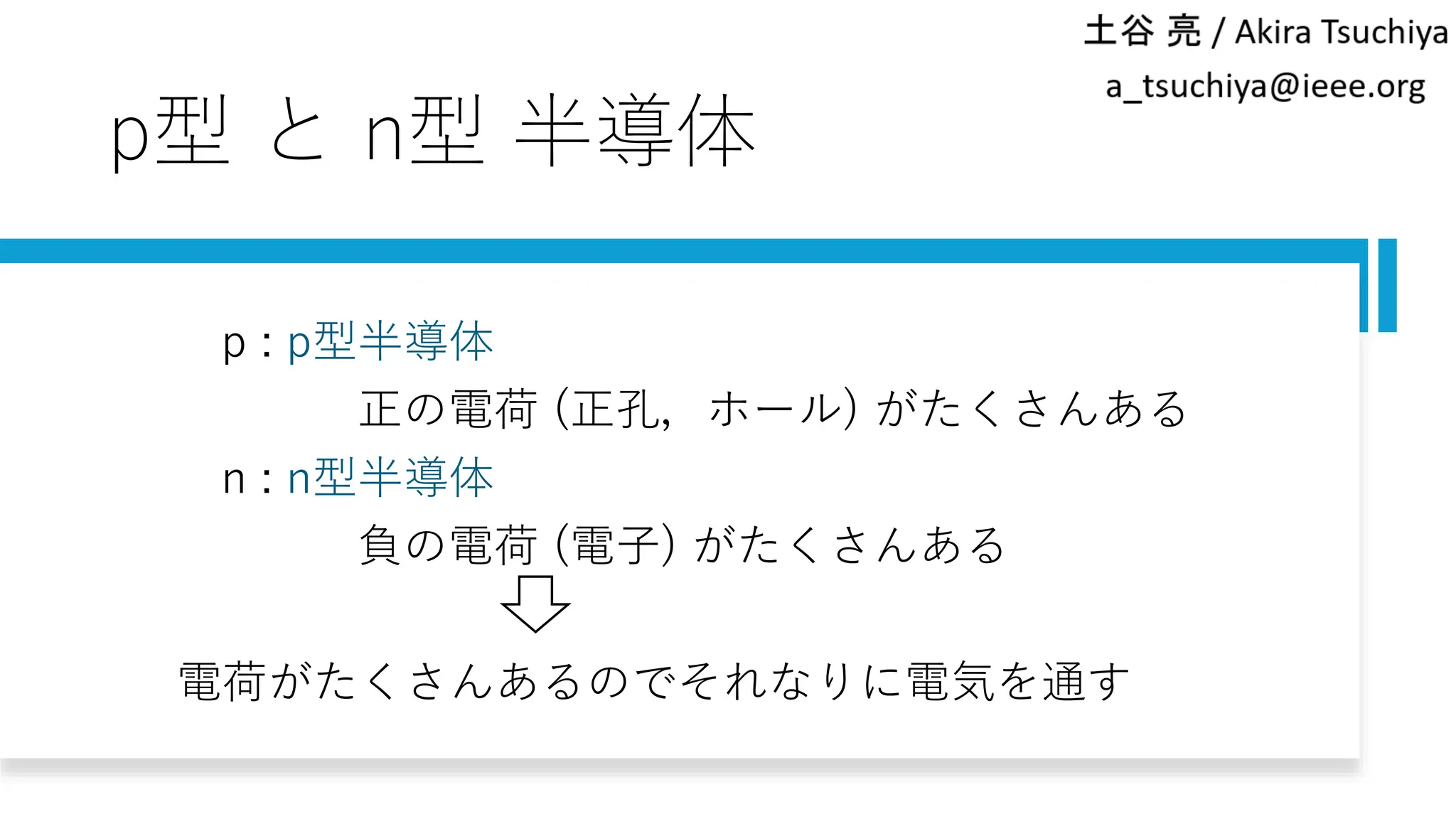 p型 と n型 半導体
p : p型半導体
正の電荷 (正孔，ホール) がたくさんある
n : n型半導体
負の電荷 (電子) がたくさんある
電荷がたくさんあるのでそれなりに電気を通す
 