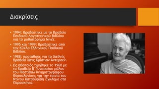 Διακρίσεις
• 1994: βραβεύτηκε με το Βραβείο
Παιδικού Λογοτεχνικού Βιβλίου
για το μυθιστόρημα Νινέτ.
• 1995 και 1999: βραβεύτηκε από
τον Κύκλο Ελληνικού Παιδικού
Βιβλίου.
• 1988: προτάθηκε για το διεθνές
βραβείο Χανς Κρίστιαν Άντερσεν.
• Ως ηθοποιός τιμήθηκε το 1960 με
το βραβείο Β' Γυναικείου ρόλου
του Φεστιβάλ Κινηματογράφου
Θεσσαλονίκης για την ταινία του
Ντίνου Κατσουρίδη Έγκλημα στα
Παρασκήνια.
 