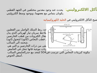 ‫االلكتروليتي‬ ‫تآكل‬
:
‫القطبي‬ ‫الجهد‬ ‫في‬ ‫مختلفين‬ ‫معدنين‬ ‫وجود‬ ‫عند‬ ‫يحدث‬
‫الكتروليتي‬ ‫وسط‬ ‫وبوجود‬ ،‫بعضهما‬ ‫مع‬ ‫بتماس‬ ‫يكونان‬.
‫في‬ ‫االلكتروليتي‬ ‫التآكل‬ ‫ضيح‬
‫الكهروكيميائية‬ ‫الخلية‬
‫القطبين‬ ‫بين‬ ‫الواصل‬ ‫السلك‬ ‫ربط‬ ‫عند‬
‫يدل‬ ‫الذي‬ ‫كهربائي‬ ‫تيار‬ ‫سريان‬ ‫يالحظ‬
‫الخارصين‬ ‫قطب‬ ‫من‬ ‫الكترونات‬ ‫انتقال‬ ‫على‬
(‫)انود‬ ) (
‫لتتحول‬ ‫كاثود‬ ‫النحاس‬ ‫قطب‬ ‫الى‬
‫السالب‬ ‫الى‬ ‫شحنته‬.
‫ذرات‬ ‫من‬ ‫تبقى‬ ‫ما‬
‫هي‬ ‫التي‬ ‫و‬ ‫الخارصين‬
‫الحامض‬ ‫في‬ ‫تنحل‬ ‫فانها‬ ‫موجبة‬ ‫أيونات‬
‫السالب‬ ‫جذرالحامض‬ ‫مع‬ ‫لتتحد‬ SO4‫في‬ ‫تترسب‬ ‫التي‬ ‫النحاس‬ ‫كبريتات‬ ‫مكونة‬
‫الحوض‬ ‫أسفل‬.
 