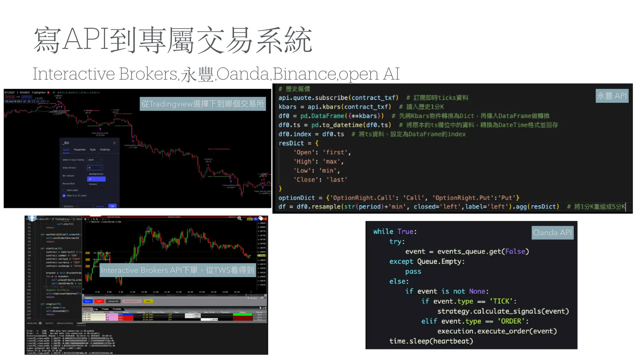 Interactive Brokers,永豐,Oanda,Binance,open AI
寫API到專屬交易系統
Oanda API
永豐 API
從Tradingview選擇下到哪個交易所
Interactive Brokers API下單，從TWS看得到
 